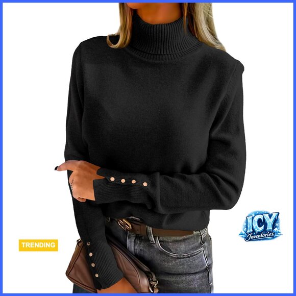 Sweaters - Turtleneck Pullover Sweater Long Sleeve Button Cuff Soft Knitted Top